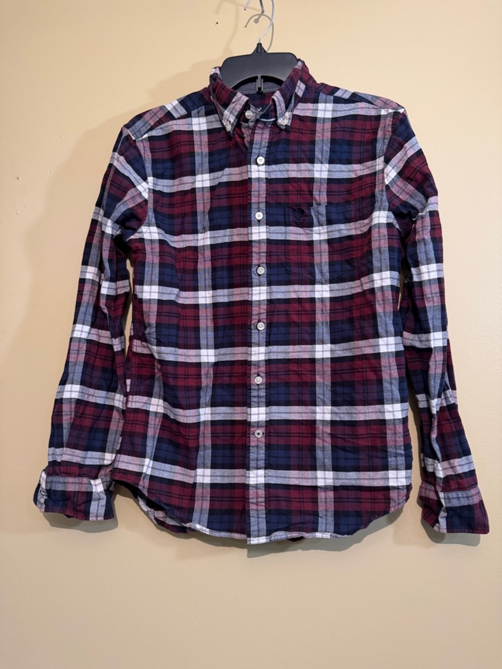 American Eagle Outfitters Burgundy and Navy Plaid Button-Down Shirt